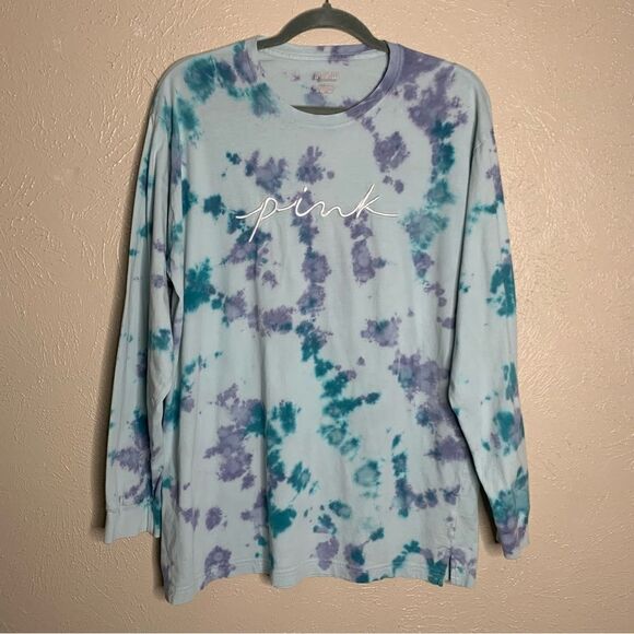 PINK Embroidered Tie Dye Campus Long Sleeve Tee blue purple - Picture 2 of 9